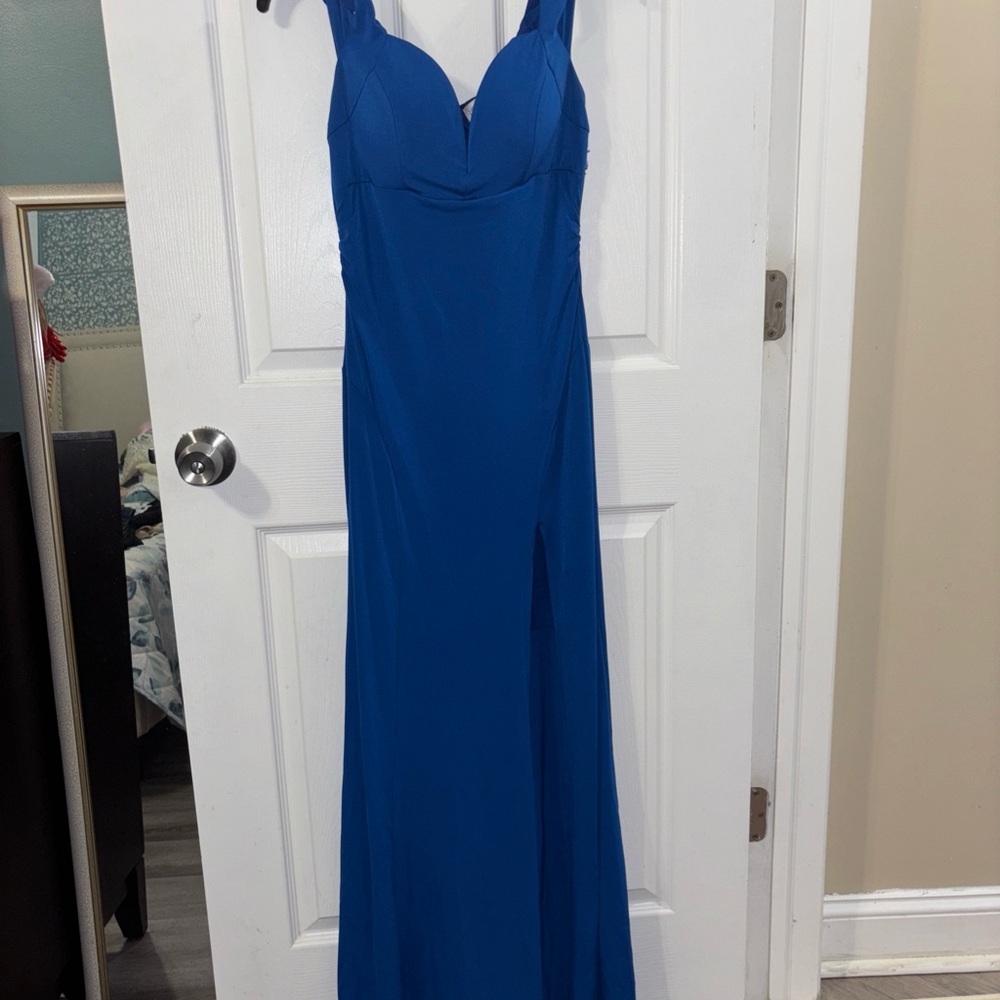 Emerald Sundae Blue Plunge Neckline Sleeveless Gown for Prom